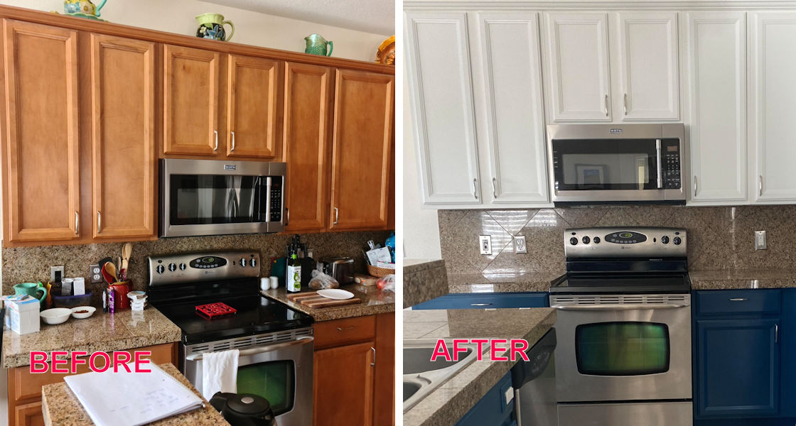 2nd shot of kitchen cabinets before and after painting in Thornton, CO